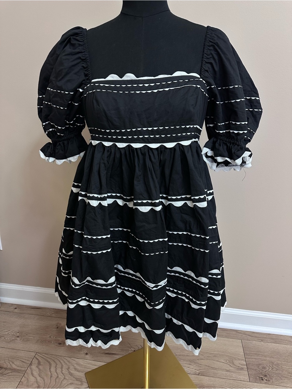 vestique Black Mini Dress with White Scalloped Trim